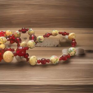 Murano Cream Wedding Cake Glass, Red Glass Necklace & VTG Beads GrannyCore 37 in